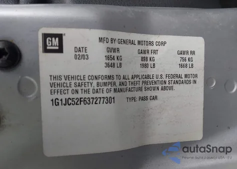 2003 Chevrolet Cavalier z USA, uszkodzony, nr VIN 1G1JC52F637277301